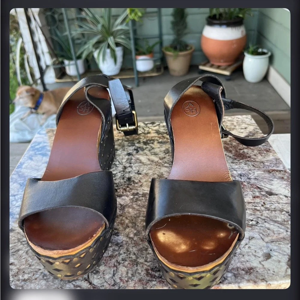 Ash Vanina Wooden and Leather Wedge Sandals